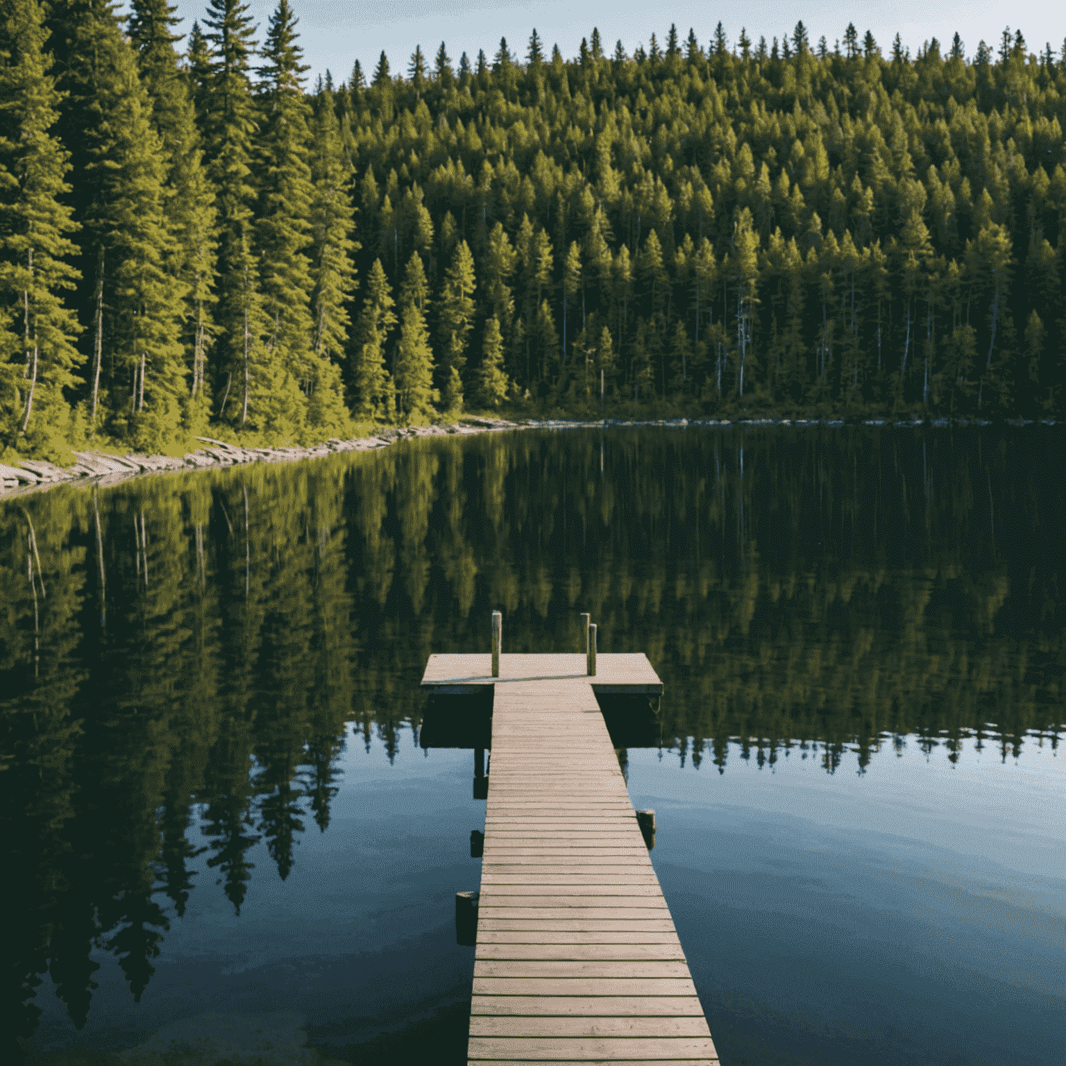 Panoramic view of a pristine lake surrounded by dense forest in Northern Ontario, with a small wooden dock in the foreground