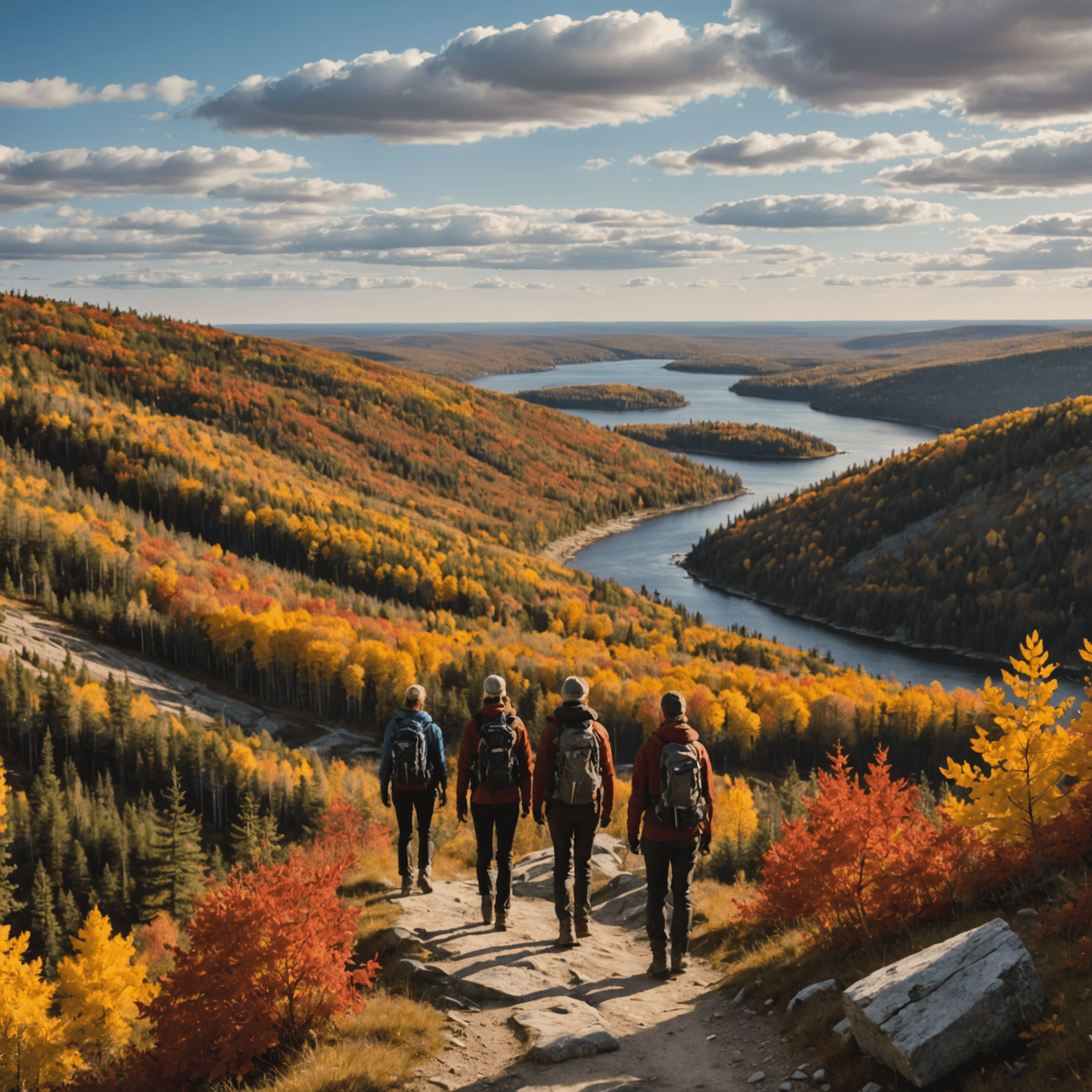 A group of hikers on a trail overlooking a vast Northern Ontario landscape with autumn colors