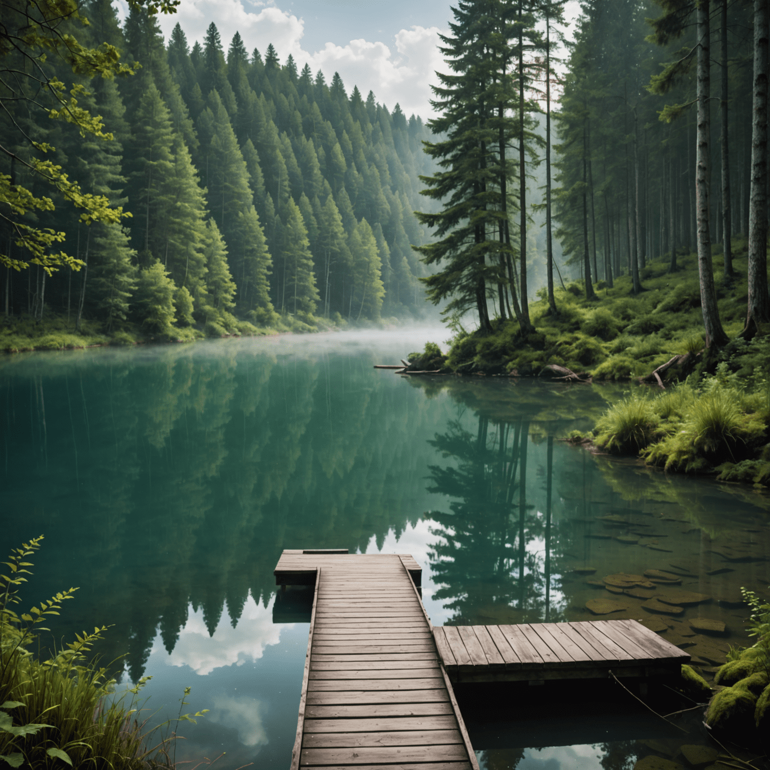 A secluded lake surrounded by dense forest, with a small wooden dock extending into crystal-clear water. Mist rises from the surface, creating a mystical atmosphere.