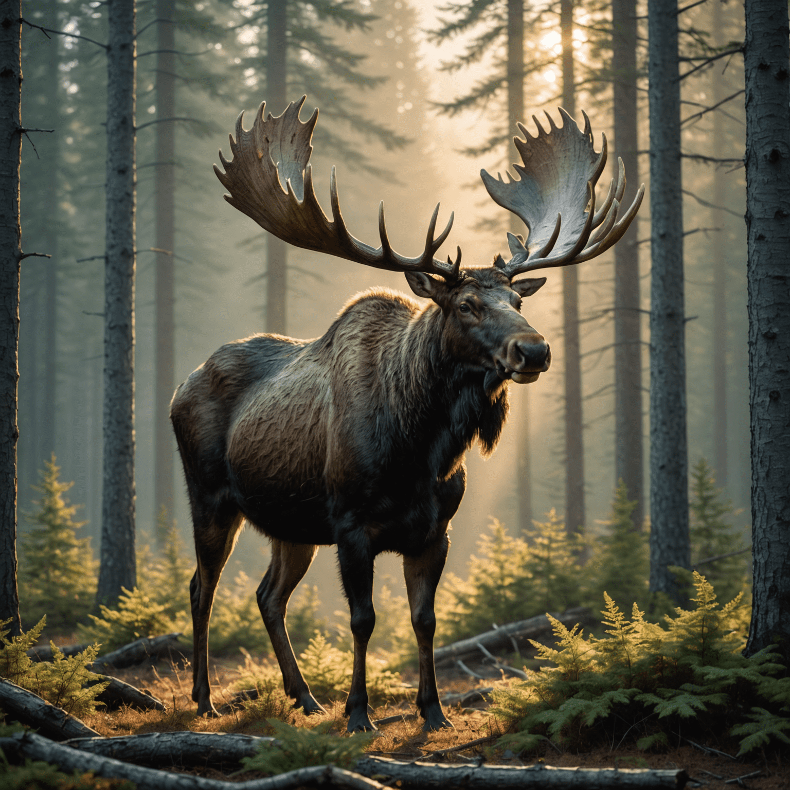 A majestic moose standing in a misty forest clearing at dawn. Sunlight filters through the trees, illuminating the moose's impressive antlers.