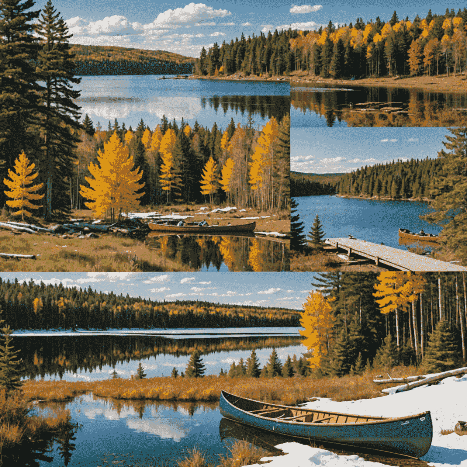 A collage of four images showing Northern Ontario in different seasons: spring wildflowers, summer canoe on a lake, autumn foliage, and winter snow-covered pines.